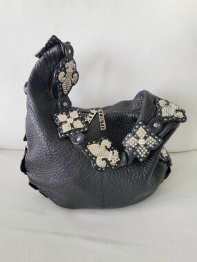 CHARM AND LUCK Black Leather Hobo Shoulder Satchel Purse